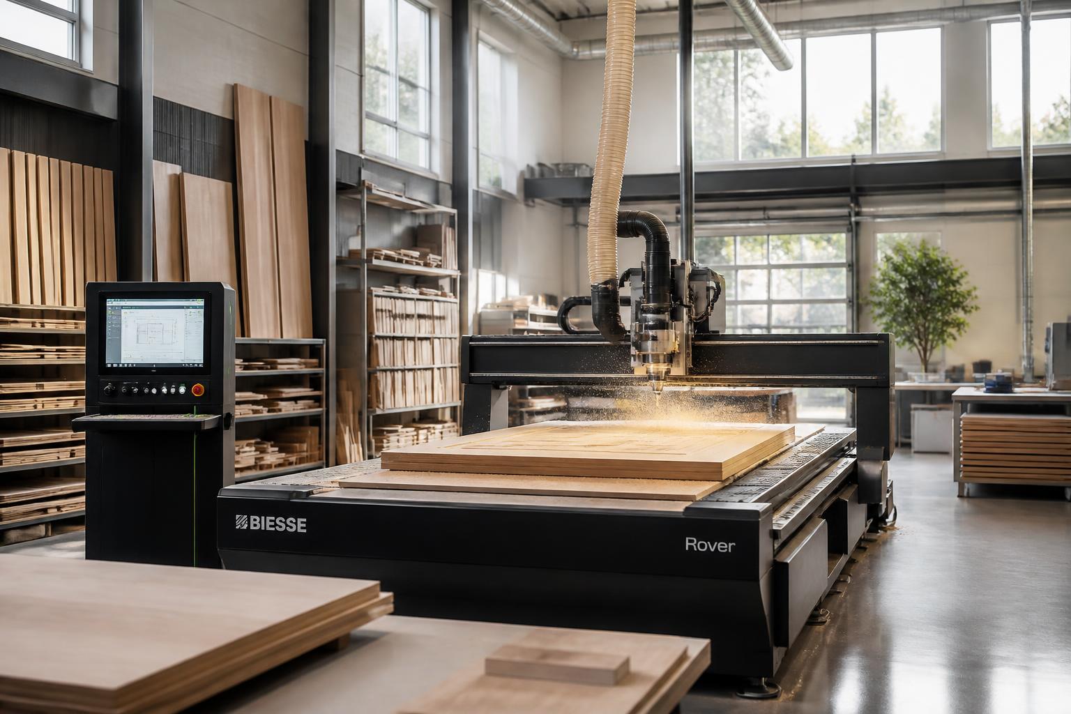 CNC machine cutting cabinetry panels in the Hestia workshop