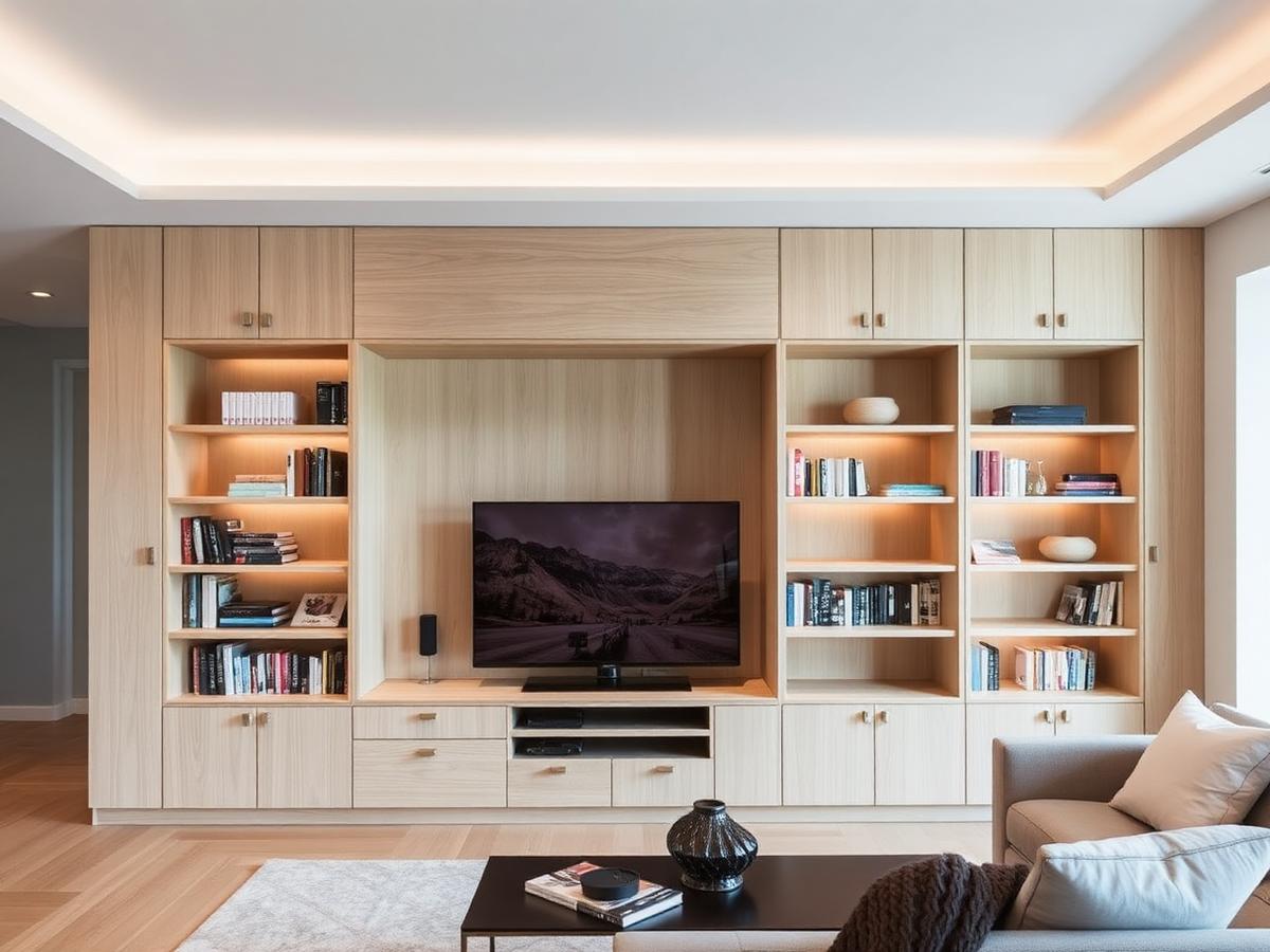 Custom white oak entertainment unit with integrated shelving and lighting