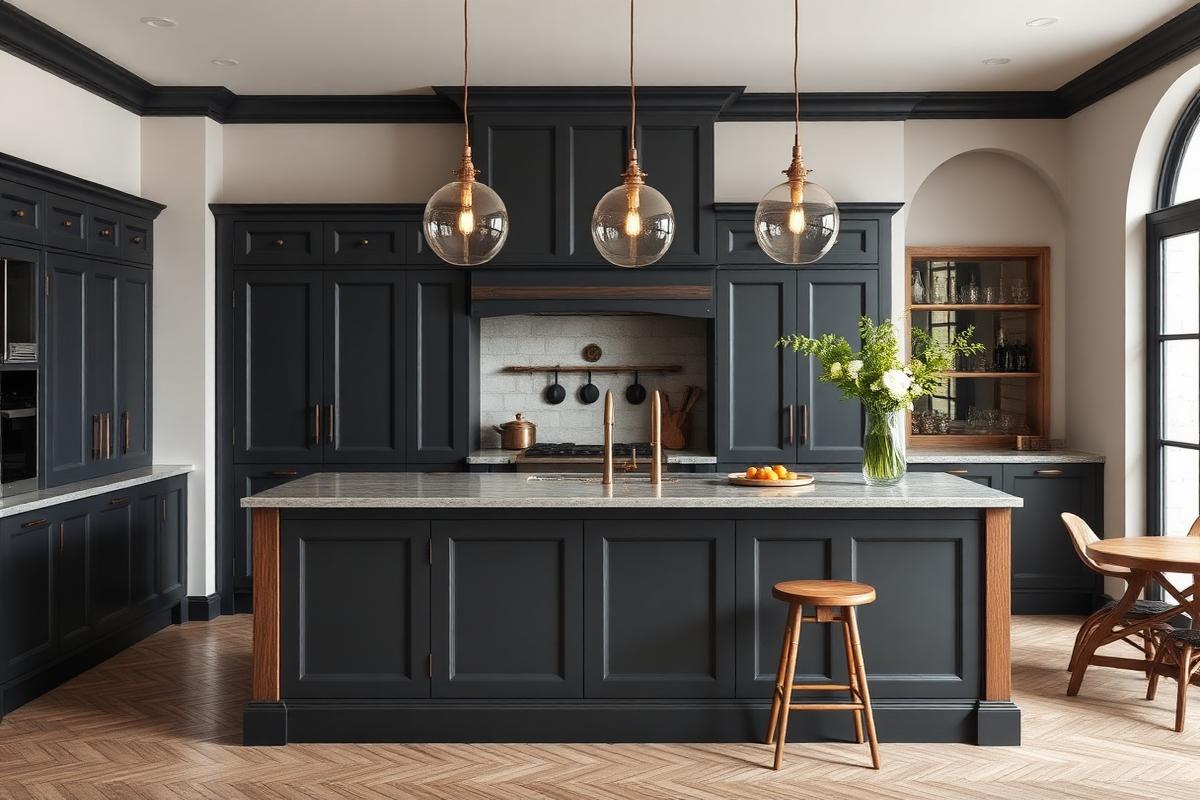 Dark charcoal shaker kitchen with a large timber island and glass pendant lights